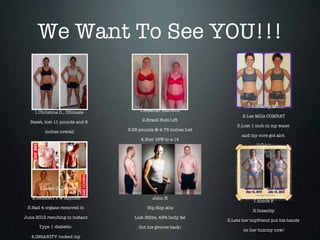 We Want To See YOU!!!
1. Christina O., Ultimate
Reset, lost 11 pounds and 8
inches overall
1. Heather Hairston
2. Brazil Butt Lift
3. 38 pounds & 4.75 inches lost
4. Size 18W to a 14
1. Brandy M
2. Les Mills COMBAT
3. Lost 1 inch in my waist
and my core got alot
tighter
1. Isaac Gallegos
2. INSANITY & Asylum
3. Had 4 organs removed in
June 2012 resulting in instant
Type 1 diabetic.
4. INSANITY rocked my
John H
Hip Hop Abs
Lost 36lbs, 49% body fat
Got his groove back!
1. Annie F.
2. Insanity
3. Lets her boyfriend put his hands
on her tummy now!
 