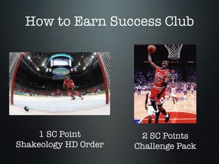 How to Earn Success Club
2 SC Points
Challenge Pack 
1 SC Point
Shakeology HD Order
 