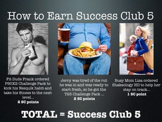 How to Earn Success Club 5
Busy Mom Lisa ordered
Shakeology HD to help her
stay on track...
1 SC point
Fit Dude Frank ordered
P90X2 Challenge Pack to
kick his Nesquik habit and
take his ﬁtness to the next
level...
2 SC points
Jerry was tired of the rut
he was in and was ready to
start fresh, so he got the
T25 Challenge Pack ...
2 SC points
TOTAL = Success Club 5
 