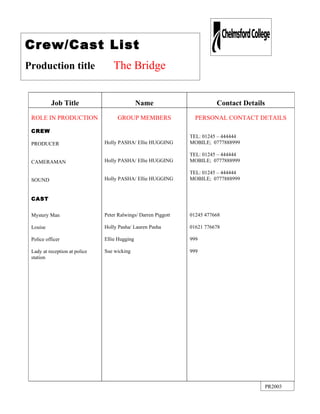 Crew/Cast List
Production title                   The Bridge


          Job Title                            Name                       Contact Details
 ROLE IN PRODUCTION                 GROUP MEMBERS                 PERSONAL CONTACT DETAILS

 CREW
                                                                TEL: 01245 – 444444
 PRODUCER                      Holly PASHA/ Ellie HUGGING       MOBILE; 0777888999

                                                                TEL: 01245 – 444444
 CAMERAMAN                     Holly PASHA/ Ellie HUGGING       MOBILE; 0777888999

                                                                TEL: 01245 – 444444
 SOUND                         Holly PASHA/ Ellie HUGGING       MOBILE; 0777888999


 CAST


 Mystery Man                   Peter Ralwings/ Darren Piggott   01245 477668

 Louise                        Holly Pasha/ Lauren Pasha        01621 776678

 Police officer                Ellie Hugging                    999

 Lady at reception at police   Sue wicking                      999
 station




                                                                                            PR2003
 