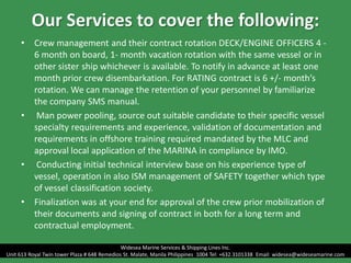 Our Services to cover the following:
• Crew management and their contract rotation DECK/ENGINE OFFICERS 4 -
6 month on board, 1- month vacation rotation with the same vessel or in
other sister ship whichever is available. To notify in advance at least one
month prior crew disembarkation. For RATING contract is 6 +/- month’s
rotation. We can manage the retention of your personnel by familiarize
the company SMS manual.
• Man power pooling, source out suitable candidate to their specific vessel
specialty requirements and experience, validation of documentation and
requirements in offshore training required mandated by the MLC and
approval local application of the MARINA in compliance by IMO.
• Conducting initial technical interview base on his experience type of
vessel, operation in also ISM management of SAFETY together which type
of vessel classification society.
• Finalization was at your end for approval of the crew prior mobilization of
their documents and signing of contract in both for a long term and
contractual employment.
Widesea Marine Services & Shipping Lines Inc.
Unit 613 Royal Twin tower Plaza # 648 Remedios St. Malate, Manila Philippines 1004 Tel: +632.3101338 Email: widesea@wideseamarine.com
 