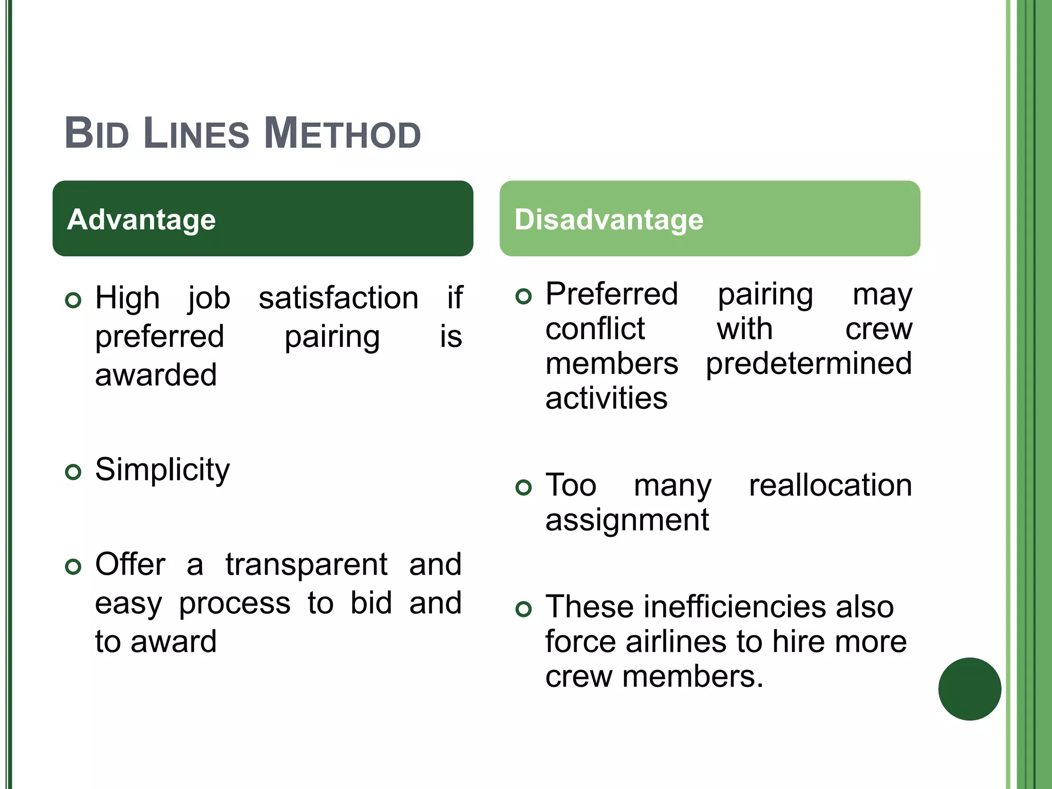 BID LINES METHOD
 High job satisfaction if
preferred pairing is
awarded
 Simplicity
 Offer a transparent and
easy process to bid and
to award
 Preferred pairing may
conflict with crew
members predetermined
activities
 Too many reallocation
assignment
 These inefficiencies also
force airlines to hire more
crew members.
Advantage Disadvantage
 