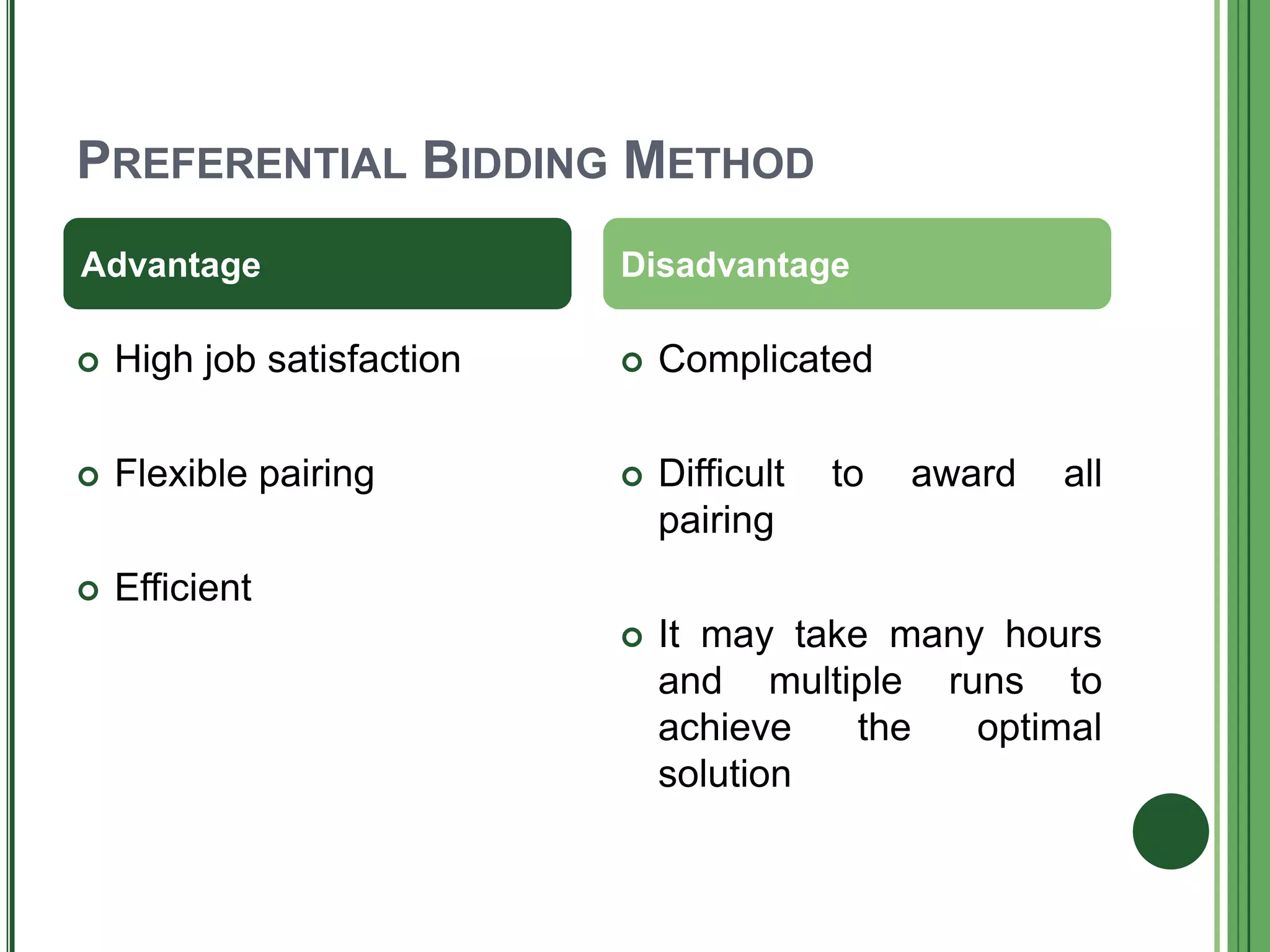 PREFERENTIAL BIDDING METHOD
 High job satisfaction
 Flexible pairing
 Efficient
 Complicated
 Difficult to award all
pairing
 It may take many hours
and multiple runs to
achieve the optimal
solution
Advantage Disadvantage
 