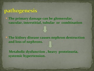 The primary damage can be glomerular,  vascular, interstitial, tubular  or  combination The kidney disease causes nephron destruction and loss of nephrons. Metabolic dysfunction , heavy  proteinuria,  systemic hypertension.  