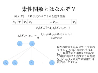 素性関数とはなんぞ？
     Φ ( X , Y ) は K 次元のベクトルを返す関数
     Φ0 Φ1 Φ2 Φ3                                   ...Φ k ...                 ΦK

                                 Φ k ( X ,Y )= Σ t ϕ k ( X , y t , y t −1 )

          ϕ k ( X , y t , y t−1 )=   {
                                     1 ( y t −1=B , y t=B , xt =ここ.)
                                     0            otherwise
           y t−1           yt

                                                           現在の位置 t から見て, 1つ前の
                                                           ラベル y_{t-1}と現在のラベル
                                                           y_t , 観測された素性Xが特定の
                                                           3つ組の時に1を返すような関数
                                                           (y_{t-1},y_t,Xの全ての情報を自
x0   x1       ・・・          xt            ・・・        xT     由に使ってよい)
 