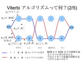 Viterbi アルゴリズムって何？(2/5)
     ϕ 1(今すぐ , I )

ϕ 11 ( I , BOS )     I           I       I            I     I



      BOS                                                        EOS
               ϕ 16 ( I , B)


ϕ 10 ( B , BOS ) B             B           B          B     B
   が発火
          ϕ 0 (今すぐ , B) ϕ 14 ( B , B) ϕ 2 (ここ , B)
                   今すぐ         ここ       から           逃げだし   たい

           I   I    B    B     B というラベル付け        BOS から EOS までの経路を辿
                                                 るとラベル付けが行える
           B   B    I    B     I というラベル付け        ではどうやって最適な経路を見
                                                 つけたら良いのか？
 