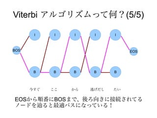 Viterbi アルゴリズムって何？(5/5)

       I     I   I     I     I



BOS                               EOS




       B    B    B     B     B



      今すぐ   ここ   から   逃げだし   たい

EOSから順番にBOSまで、後ろ向きに接続されてる
ノードを辿ると最適パスになっている！
 