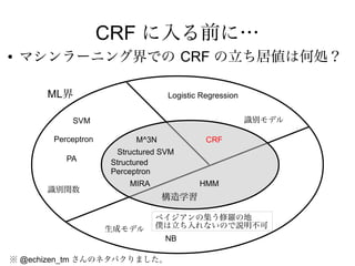 CRF に入る前に…
●   マシンラーニング界での CRF の立ち居値は何処？

      ML界                        Logistic Regression


           SVM                                         識別モデル

       Perceptron         M^3N             CRF
                     Structured SVM
          PA        Structured
                    Perceptron
                        MIRA             HMM
      識別関数
                                 構造学習

                               ベイジアンの集う修羅の地
                    生成モデル      僕は立ち入れないので説明不可
                                 NB

※ @echizen_tm さんのネタパクりました。
 