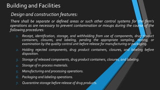 Building and Facilities
Design and construction features:
There shall be separate or defined areas or such other control systems for the firm's
operations as are necessary to prevent contamination or mixups during the course of the
following procedures:
1. Receipt, identification, storage, and withholding from use of components, drug product
containers, closures, and labeling, pending the appropriate sampling, testing, or
examination by the quality control unit before release for manufacturing or packaging.
2. Holding rejected components, drug product containers, closures, and labeling before
disposition.
3. Storage of released components, drug product containers, closures, and labeling.
4. Storage of in-process materials.
5. Manufacturing and processing operations.
6. Packaging and labeling operations.
7. Quarantine storage before release of drug products.
 
