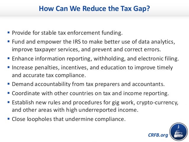 CRFB.org
How Can We Reduce the Tax Gap?
▪ Provide for stable tax enforcement funding.
▪ Fund and empower the IRS to make b...