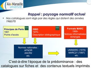 Rappel : paysage normatif actuel
•

Nos catalogues sont régis par des règles qui datent des années
1960/70
Principes de Paris
1961
Points d'accès

ISBD
1970Description bibliographique

Normes nationales :
AFNOR
AACR2
etc.

Formats MARC
1969Notices informatisées
échanges

UNIMARC (1978)
MARC21 (1997)
etc.

C’est-à-dire l’époque de la prédominance : des
13
catalogues sur fiches et des contenus textuels imprimés

 