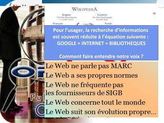 Pour l’usager, la recherche d’informations
est souvent réduite à l’équation suivante :
GOOGLE = INTERNET = BIBLIOTHEQUES
Comment faire entendre notre voix ?

 