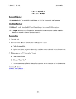 STUDENT GUIDE                                                                  S-501-0007



                                    OUTLINE SHEET 2.9
                                     NIT INSPECTIONS

Terminal Objective:

2.9.0 Build a Plan of Action with Milestones to correct NIT Inspection discrepancies.

Enabling Objectives:

2.9.1 Identify trends from the LCPO and Watch Center Supervisor NIT Inspections.

2.9.2 Analyze the individual discrepancies from the NIT Inspections and identify potential
      long-term negative effects of the discrepancies.

Topic Outline:

1. Start the Lab.

2. Discuss current Watch Center Supervisor Inspection Trends.

   a. Talk about each hit.

   b. Spend time on the major hits discussing corrective action to take to rectify the situation.

3. Discuss current LCPO Inspection Trends.

   a. Talk about each hit

   b. Discuss “Fleet-Ups”

   c. Spend time on the major hits discussing corrective action to take to rectify the situation.

Summary & Review
Back to Course Outline




                                               210
 