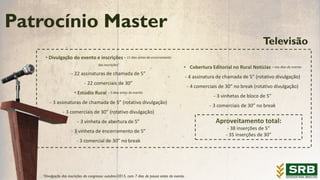 ¹Divulgação das inscrições do congresso: outubro/2015, com 7 dias de pausa antes do evento.
Televisão
• Divulgação do evento e inscrições – 11 dias antes do encerramento
das inscrições¹
- 22 assinaturas de chamada de 5”
- 22 comerciais de 30”
• Estúdio Rural – 5 dias antes do evento
- 3 assinaturas de chamada de 5” (rotativo divulgação)
- 3 comerciais de 30” (rotativo divulgação)
- 3 vinheta de abertura de 5”
- 3 vinheta de encerramento de 5”
- 3 comercial de 30” no break
• Cobertura Editorial no Rural Notícias – nos dias do evento
- 4 assinatura de chamada de 5” (rotativo divulgação)
- 4 comerciais de 30” no break (rotativo divulgação)
- 3 vinhetas de bloco de 5”
- 3 comerciais de 30” no break
Patrocínio Master
Aproveitamento total:
- 38 inserções de 5”
- 35 inserções de 30”
 