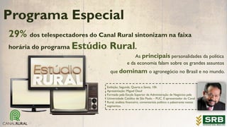 29% dos telespectadores do Canal Rural sintonizam na faixa
horária do programa Estúdio Rural.
Programa Especial
As principais personalidades da política
e da economia falam sobre os grandes assuntos
que dominam o agronegócio no Brasil e no mundo.
Exibição: Segunda, Quarta e Sexta, 10h
Apresentação: Miguel Daud
Formado pela Escola Superior de Administração de Negócios pela
Universidade Católica de São Paulo – PUC. É apresentador do Canal
Rural, analista financeiro, comentarista político e palestrante nesses
segmentos.
 