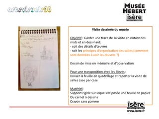 Visite dessinée du musée 
Objectif : Garder une trace de sa visite en notant des 
mots et en dessinant: 
- soit des détails d’oeuvres 
- soit les principes d’organisation des salles (comment 
sont données à voir les oeuvres ?) 
Dessin de mise en mémoire et d’observation 
Pour une transposition avec les élèves: 
Diviser la feuille en quadrillage et reporter la visite de 
salles case par case 
Matériel: 
Support rigide sur lequel est posée une feuille de papier 
Ou carnet à dessins 
Crayon sans gomme 
 