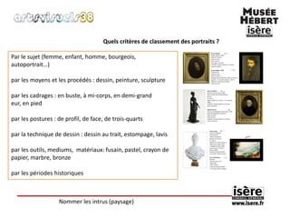 Quels critères de classement des portraits ? 
Par le sujet (femme, enfant, homme, bourgeois, 
autoportrait…) 
par les moyens et les procédés : dessin, peinture, sculpture 
par les cadrages : en buste, à mi-corps, en demi-grand 
eur, en pied 
par les postures : de profil, de face, de trois-quarts 
par la technique de dessin : dessin au trait, estompage, lavis 
par les outils, mediums, matériaux: fusain, pastel, crayon de 
papier, marbre, bronze 
par les périodes historiques 
Nommer les intrus (paysage) 
 