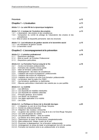 Projet social de la Croix-Rouge française
10
Préambule p.12
Chapitre 1 – L’évaluation p.13
Article 1.1 - Le volet RH de la dynamique budgétaire p.13
Article 1.2 - L’analyse de l’évolution des emplois p.13
1.2.1 - L’observatoire des emplois et des compétences
1.2.2 - Composition du comité de pilotage de l’observatoire des emplois et des
compétences
1.2.3 - Mise en place de dispositifs permanents dans les structures
Article 1.3 - Les indicateurs de gestion sociale et le baromètre social p.15
1.3.1 - Les indicateurs de gestion sociale
1.3.2 - Le baromètre social
Chapitre 2 - L’accompagnement et la prévention p.16
Article 2.1 - L’entretien professionnel
2.1.1 - Dispositions générales
p.16
2.1.2 - Mise en œuvre de l’Entretien Professionnel
2.1.3 - Dispositions particulières
Article 2.2 - La Formation Tout au Long de la Vie p.18
2.2.1 - Accès à la formation professionnelle
2.2.2 - Formation des salariés à temps partiel
2.2.3 - Bilan de formation professionnelle
2.2.4 - Développement des bilans de compétences
2.2.5 - Validation des acquis et progression professionnelle
2.2.5.1 - Validation des acquis de l’expérience
2.2.5.2 - Validation des acquis à la suite d’une formation professionnelle
2.2.6 - La formation dans le cadre d’un PAEC
2.2.7 - Les formations qualifiantes ou diplômantes
2.2.8 - Mesures particulières à destination des salariés peu ou pas qualifiés
Article 2.3 - La mobilité p.21
2.3.1 - Les définitions
2.3.1.1 - Les dispositifs de mobilités individuelles
2.3.1.2 - Les dispositifs de mobilités collectives
2.3.2 - Principes généraux de la mobilité
2.3.2.1 - Les devoirs de l’employeur
2.3.2.2 - Les règles applicables à la mobilité
2.3.3 - Les Outils
Article 2.4 - La Politique en faveur de la diversité des âges p.25
2.4.1 - L’intégration au sein de la Croix-Rouge française
2.4.1.1 - Contrat de professionnalisation
2.4.1.2 - Intégration des nouveaux embauchés
2.4.2 - La gestion des carrières tout au long de la vie à la Croix-Rouge française
2.4.2.1 - Les outils de gestion de carrière
2.4.2.2 - Les passerelles Métiers – Aires de mobilité
2.4.3 - La Gestion de la 2eme partie de carrière
2.4.3.1 - Transmission du savoir et Transmission intergénérationnelle
2.4.3.2 - Bilan professionnel d’étape à partir de 45 ans
2.4.3.3 - Poursuivre le développement de la formation professionnelle
2.4.3.4 - Aménagement du temps de travail et aménagement de la fin de carrière
2.4.3.2 - Formation de transition entre la vie professionnelle et la retraite
 
