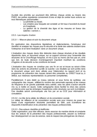 Projet social de la Croix-Rouge française
31
Au-delà des priorités qui pourraient être définies chaque année au travers des
PAEC, les parties signataires conviennent d’ores et déjà de centrer leurs actions sur
trois thématiques pluriannuelles :
- La pénibilité au travail,
- Les emplois pour lesquels est constaté un fort taux d’accident du travail
et d’inaptitude,
- La gestion de la diversité des âges et les mesures en faveur des
salariés « seniors ».
2.5.3 - Les moyens d’action
2.5.3.1 – Mise en place et suivi du document unique
En application des dispositions législatives et réglementaires, l’employeur doit
identifier et analyser les risques pour la sécurité et la santé des salariés existant dans
l’entreprise et en faire l’évaluation dans un document unique.
L’évaluation des risques devra être élaborée dans chaque structure et les résultats
répertoriés dans un document unique, sur un support commun pour l’ensemble des
structures de la Croix-Rouge française, et mis à jour au moins une fois pas an, ainsi
que lors de toute décision d’aménagement important modifiant les conditions
d’hygiène et de sécurité ou les conditions de travail.
L’évaluation des risques ne constitue pas une fin en soi et trouve sa raison d’être
dans les actions de prévention qu’elle va susciter. Les résultats qui sont portés dans
le document unique sont donc utilisés pour l’élaboration du rapport écrit et du
programme de prévention des risques devant être présentés au CHSCT local ou, à
défaut, aux instances représentatives du personnel compétentes.
Parallèlement, Il sera établi au niveau national, et sous forme de synthèse, une
cartographie des risques reflétant le nombre des personnels exposés et les niveaux
de fréquence et de gravité potentielle et/ou avérée, avec les plans d’action sécurité
mis ou à mettre en œuvre. Cette cartographie devra faciliter le choix des actions
prioritaires ainsi que les échanges d’expérience entre structures qui sont à privilégier.
Ces résultats seront communiqués une fois par an au CCE pour information et
consultation.
2.5.3.2 - Le rôle de la cellule de réflexion et de concertation sociale
La cellule de réflexion et de concertation sociale aura pour mission de poser les
bases d’une organisation structurée permettant de bâtir, puis d’améliorer les
dispositifs d’identification et de prévention des risques professionnels.
2.5.3.3 - Des acteurs identifiés et réaffirmés
Cette organisation, pour être efficace, devra associer de manière étroite et constante
tous les acteurs de la prévention des risques professionnels, assurer ou renforcer
leur développement en cas de carence, dans le respect des prérogatives de chacun.
 