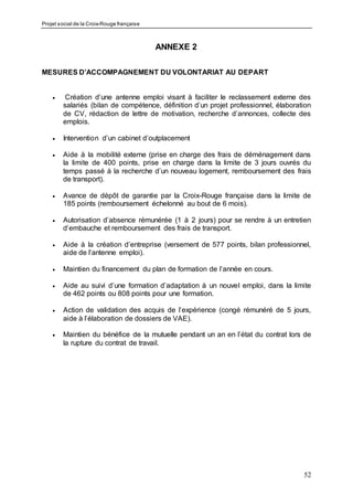 Projet social de la Croix-Rouge française
52
ANNEXE 2
MESURES D’ACCOMPAGNEMENT DU VOLONTARIAT AU DEPART
 Création d’une antenne emploi visant à faciliter le reclassement externe des
salariés (bilan de compétence, définition d’un projet professionnel, élaboration
de CV, rédaction de lettre de motivation, recherche d’annonces, collecte des
emplois.
 Intervention d’un cabinet d’outplacement
 Aide à la mobilité externe (prise en charge des frais de déménagement dans
la limite de 400 points, prise en charge dans la limite de 3 jours ouvrés du
temps passé à la recherche d’un nouveau logement, remboursement des frais
de transport).
 Avance de dépôt de garantie par la Croix-Rouge française dans la limite de
185 points (remboursement échelonné au bout de 6 mois).
 Autorisation d’absence rémunérée (1 à 2 jours) pour se rendre à un entretien
d’embauche et remboursement des frais de transport.
 Aide à la création d’entreprise (versement de 577 points, bilan professionnel,
aide de l’antenne emploi).
 Maintien du financement du plan de formation de l’année en cours.
 Aide au suivi d’une formation d’adaptation à un nouvel emploi, dans la limite
de 462 points ou 808 points pour une formation.
 Action de validation des acquis de l’expérience (congé rémunéré de 5 jours,
aide à l’élaboration de dossiers de VAE).
 Maintien du bénéfice de la mutuelle pendant un an en l’état du contrat lors de
la rupture du contrat de travail.
 