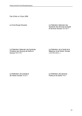 Projet social de la Croix-Rouge française
53
Fait à Paris, le 19 juin 2008
La Croix-Rouge française La Fédération Nationale des
Syndicats des Services de Santé
et Services Sociaux "C.F.D.T."
La Fédération Nationale des Syndicats La Fédération de la Santé de la
Chrétiens des Services de Santé et Médecine et de l’Action Sociale
Sociaux "C.F.T.C." « C.F.E-C.G.C. »
La Fédération de la Santé et La Fédération des Services
de l'Action Sociale "C.G.T." Publics et de Santé "F.O."
 