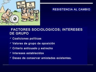RESISTENCIA AL CAMBIO

FACTORES SOCIOLOGICOS; INTERESES

DE GRUPO

 Coaliciones políticas
 Valores de grupo de oposición
 Criterio anticuado y estrecho
 Intereses establecidos
 Deseo de conservar amistades existentes.

 