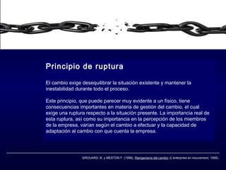 Principio de ruptura
El cambio exige desequilibrar la situación existente y mantener la
inestabilidad durante todo el proceso.
Este principio, que puede parecer muy evidente a un físico, tiene
consecuencias importantes en materia de gestión del cambio, el cual
exige una ruptura respecto a la situación presente. La importancia real de
esta ruptura, así como su importancia en la percepción de los miembros
de la empresa, varían según el cambio a efectuar y la capacidad de
adaptación al cambio con que cuenta la empresa.

GROUARD, B. y MESTON F. (1996), Reingeniería del cambio (L’enterprise en mouvement, 1995)..

 