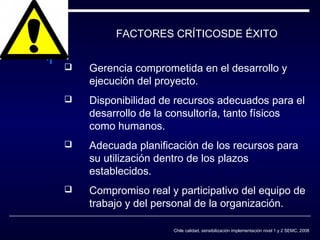 FACTORES CRÍTICOSDE ÉXITO


Gerencia comprometida en el desarrollo y
ejecución del proyecto.



Disponibilidad de recursos adecuados para el
desarrollo de la consultoría, tanto físicos
como humanos.



Adecuada planificación de los recursos para
su utilización dentro de los plazos
establecidos.



Compromiso real y participativo del equipo de
trabajo y del personal de la organización.
Chile calidad, sensibilización implementación nivel 1 y 2 SEMC, 2008

 