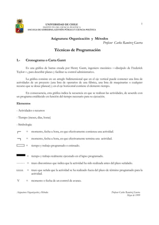 Asignatura Organización y Métodos Profesor Carlos Ramírez Guerra
Mayo de 1999
1UNIVERSIDAD DE CHILE
INSTITUTO DE CIENCIA POLÍTICA
ESCUELA DE GOBIERNO, GESTIÓN PÚBLICA Y CIENCIA POLÍTICA
Asignatura: Organización y Métodos
Profesor Carlos Ramírez Guerra
Técnicas de Programación
1.- Cronograma o Carta Gantt
Es una gráfica de barras creada por Henry Gantt, ingeniero mecánico ⎯discípulo de Frederick
Taylor⎯, para describir planes y facilitar su control administrativo.
La gráfica consiste en un arreglo bidimensional que en el eje vertical puede contener una lista de
actividades de un proyecto (una lista de operarios de una fábrica, una lista de maquinarias o cualquier
recurso que se desee planear) y en el eje horizontal contiene el elemento tiempo.
En consecuencia, esta gráfica indica la secuencia en que se realizan las actividades, de acuerdo con
un programa establecido en función del tiempo necesario para su ejecución.
Elementos
- Actividades o recursos
- Tiempo (meses, días, horas)
- Simbología:
┌─ = momento, fecha u hora, en que efectivamente comienza una actividad.
─┐ = momento, fecha u hora, en que efectivamente termina una actividad.
= tiempo y trabajo programado o estimado.
▀▀▀▀ = tiempo y trabajo realmente ejecutado en el lapso programado.
= trazo discontinuo que indica que la actividad ha sido realizada antes del plazo señalado.
xxxxx = trazo que señala que la actividad se ha realizado fuera del plazo de término programado para la
actividad.
V = momento o fecha de un control de avance.
 