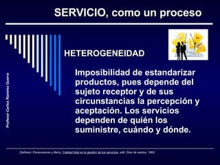 HETEROGENEIDAD Imposibilidad de estandarizar productos, pues depende del sujeto receptor y de sus circunstancias la percepción y aceptación.  Los servicios dependen de quién los suministre, cuándo y dónde.  Zeithaml, Parasuraman y Berry,  Calidad total en la gestión de los servicios , edit. Díaz de santos, 1993 SERVICIO, como un proceso Profesor Carlos Ramírez Guerra 
