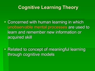 Cognitive Learning Theory
 Concerned with human learning in which
unobservable mental processes are used to
learn and remember new information or
acquired skill
 Related to concept of meaningful learning
through cognitive models
 