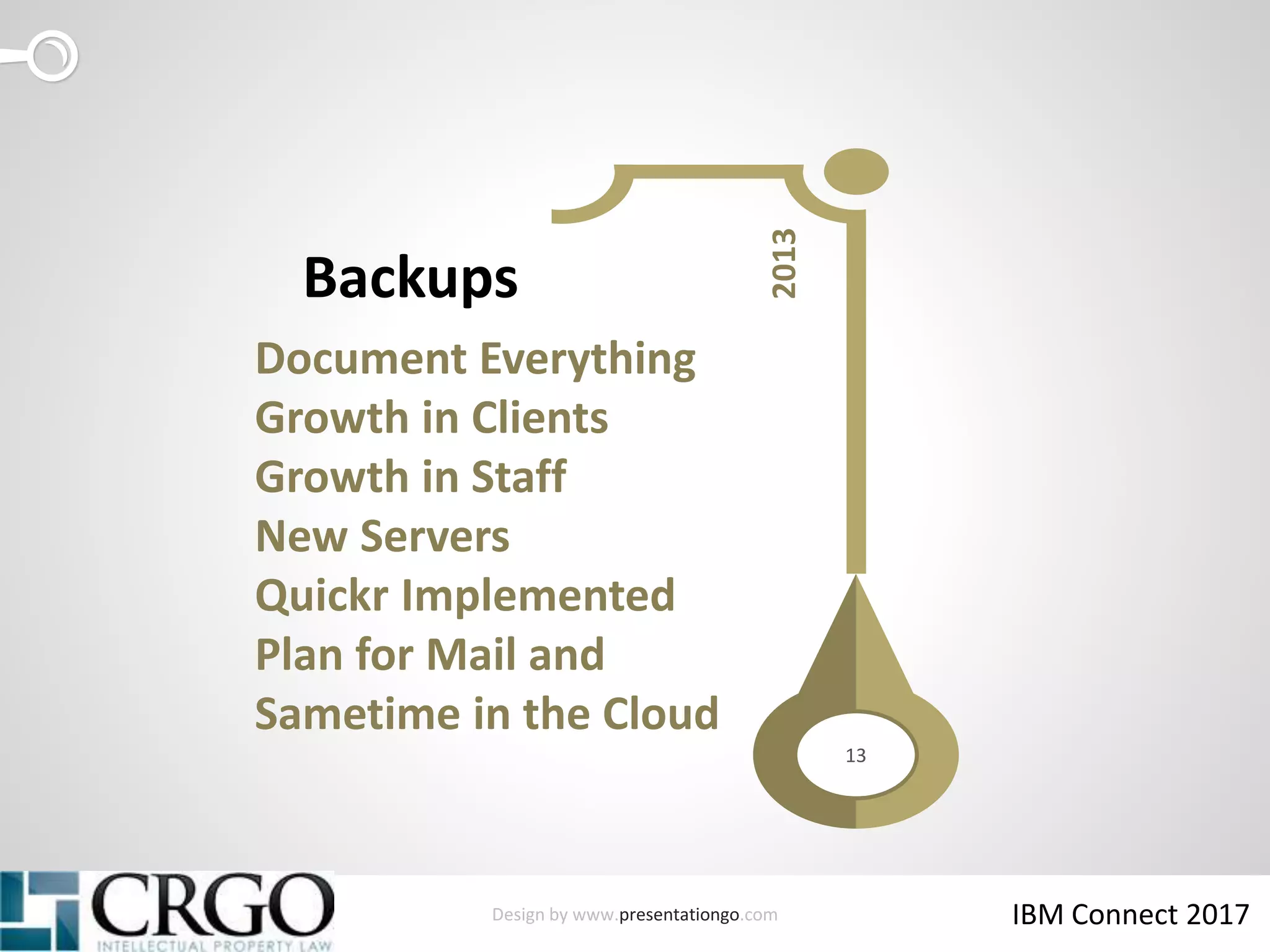 Design by www.presentationgo.com IBM Connect 2017
13
2013
Document Everything
Growth in Clients
Growth in Staff
New Servers
Quickr Implemented
Plan for Mail and
Sametime in the Cloud
Backups
 