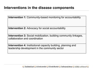 Interventions in the disease components
Intervention 1: Community-based monitoring for accountability
Intervention 2: Advocacy for social accountability
Intervention 3: Social mobilization, building community linkages,
collaboration and coordination
Intervention 4: Institutional capacity building, planning and
leadership development in the community sector
 