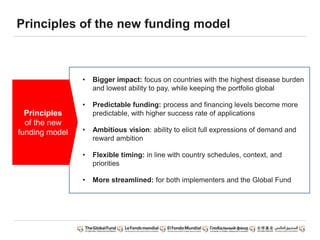 • Bigger impact: focus on countries with the highest disease burden
and lowest ability to pay, while keeping the portfolio global
• Predictable funding: process and financing levels become more
predictable, with higher success rate of applications
• Ambitious vision: ability to elicit full expressions of demand and
reward ambition
• Flexible timing: in line with country schedules, context, and
priorities
• More streamlined: for both implementers and the Global Fund
Principles
of the new
funding model
Principles of the new funding model
 