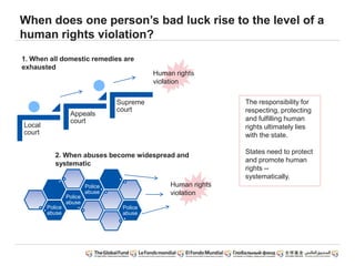 When does one person’s bad luck rise to the level of a
human rights violation?
Local
court
Appeals
court
Supreme
court
1. When all domestic remedies are
exhausted
Human rights
violation
Police
abuse
Police
abuse
Police
abuse
Police
abuse
2. When abuses become widespread and
systematic
The responsibility for
respecting, protecting
and fulfilling human
rights ultimately lies
with the state.
States need to protect
and promote human
rights --
systematically.
Human rights
violation
 
