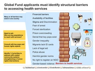 Global Fund applicants must identify structural barriers
to accessing health services
Stigma and Discrimination
Fear of arrest
Forced sterilization
Gender inequality
Migrants lack ID cards
Lack of legal aid
Police abuse
No right to register an NGO
Prison overcrowding
Denial that key pops exist
Availability of facilities
Financial barriers
Harmful gender norms
Gender-based violence
Consult with key pops and
human rights experts
Barriers to health services
Many or all barriers may
exist in one country
Need to ask:
Who are key populations
to reach with services?
Identify 1-3 priorities to
address with costed
community systems
strengthening or human
rights interventions
 