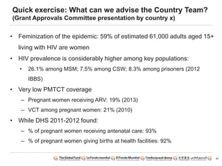 Quick exercise: What can we advise the Country Team?
(Grant Approvals Committee presentation by country x)
• Feminization of the epidemic: 59% of estimated 61,000 adults aged 15+
living with HIV are women
• HIV prevalence is considerably higher among key populations:
• 26.1% among MSM; 7.5% among CSW; 8.3% among prisoners (2012
IBBS)
• Very low PMTCT coverage
– Pregnant women receiving ARV: 19% (2013)
– VCT among pregnant women: 21% (2010)
• While DHS 2011-2012 found:
– % of pregnant women receiving antenatal care: 93%
– % of pregnant women giving births at health facilities: 92%
67
 