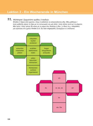 11. Würfelspiel. Ó÷çìáôßóôå ïìÜäåò 3 ðáéäéþí.
ÖôéÜîôå 2 æÜñéá áðü ÷áñôüíé, üðùò ôá âëÝðåôå íá áðåéêïíßæïíôáé åäþ. Ìßá ìáèÞôñéá /
Ýíáò ìáèçôÞò ñß÷íåé ôï æÜñé ìå ôéò áíôùíõìßåò êáé ìßá Üëëç / Ýíáò Üëëïò áõôü ìå ôá ñÞìáôá.
Ìßá ôñßôç / Ýíáò ôñßôïò èá êÜíåé ìå ôï ñÞìá ðïõ äéáëÝãåé ç ßäéá / ï ßäéïò (ð.÷. mitspielen)
ìßá ðñüôáóç óôï ÷ñüíï Perfekt (ð.×. Du hast mitgespielt.) Óõíå÷ßæïõí ïé õðüëïéðïé.
120
Lektion 2 - Ein Wochenende in München
mitspielen
kaufen
probieren
erzählen
telefonieren
reden
fragen
fotografieren
einkaufen
antworten
mitarbeiten
jobben
zelten
besuchen
mitmachen
frühstücken
zuhören
organisieren
ich
er, sie, es wirdu
ihr
sie, Sie
ΑB_L2_ΑB_L2.qxd 26/4/2016 6:34 μμ Page 120
 