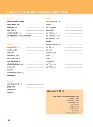 124
Lektion 2 - Ein Wochenende in München
Seite 30
der Englische Garten .......................................
die S-Bahn, -en .......................................
die Tram, -s .......................................
das Taxi, -s .......................................
der Parkplatz, e .......................................
die öffentlichen Verkehrsmittel ..........................
................................................................................
Seite 32
das Bierzelt, -e .......................................
der Besucher, - .......................................
erzählen .......................................
die Tracht, -en .......................................
die Lederhose, -n .......................................
das Karussell, -s .......................................
die Achterbahn, -en .......................................
traditionell .......................................
bayrisch .......................................
die Kleidung (nur Sg.!) .......................................
die beiden .......................................
Seite 33
das Riesenrad, er .......................................
probieren .......................................
abschicken .......................................
per Post .......................................
Seite 34
die Hauptstadt, e .......................................
Bayern .......................................
der Europäer, - .......................................
bewundern .......................................
die Epoche, -n .......................................
die Architektur, -en .......................................
der Architekt, -en .......................................
bauen .......................................
das Jahrhundert, -e .......................................
der Stil, -e .......................................
darunter .......................................
werden (wird) .......................................
holen .......................................
rufen .......................................
schließlich .......................................
der Prinz, -en .......................................
der König, -e .......................................
¨-
¨-
¨-
1.individuelleLösungen
2.einen,man
3.mitderU-Bahn
mitderS-Bahn
mitdemBus
4.hat...fotografiert
habe...abgeschickt
habe...besucht
ManmussdieFestefeiern,wiesiefallen.
Lösungen S. 14-15:
ΑB_L2_ΑB_L2.qxd 26/4/2016 6:34 μμ Page 124
 
