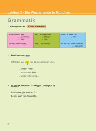 36
Lektion 2 - Ein Wochenende in München
Grammatik
1. Wohin gehen wir? in / auf + Akkusativ
2. Das Pronomen man
In München kann man viele Sehenswürdigkeiten sehen.
... ìðïñåßò íá äåéò ...
... ìðïñïýìå íá äïýìå ...
... ìðïñåß íá äåé êáíåßò ...
3. es gibt (+ Akkusativ) õðÜñ÷åé / õðÜñ÷ïõí (!)
In München gibt es einen Zoo.
Es gibt auch viele Geschäfte.
in die / in eine Oper
... Ausstellung
... Stadt
auf die / auf eine Party
Ins ! / in ein Museum
... Theater
... Kino
aufs ! / auf ein Fest
in den / in einen Zoo
... Park
auf den / auf einen Flohmarkt
... Spielplatz
KEFALAIO4_KB_L2_ΝΕW.qxd 27/4/2016 9:08 πμ Page 36
 