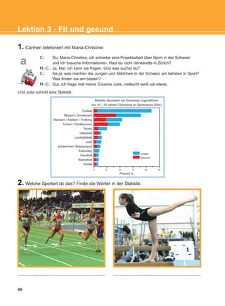1. Carmen telefoniert mit Maria-Christine:
2. Welche Sportart ist das? Finde die Wörter in der Statistik:
..................................................................... .....................................................................
C.: Du, Maria-Christine, ich schreibe eine Projektarbeit über Sport in der Schweiz
und ich brauche Informationen. Hast du nicht Verwandte in Zürich?
M.-C.: Ja, klar, ich kann sie fragen. Und was suchst du?
C.: Na ja, was machen die Jungen und Mädchen in der Schweiz am liebsten in Sport?
Was finden sie am besten?
M.-C.: Gut, ich frage mal meine Cousine Julia, vielleicht weiß sie etwas.
Und Julia schickt eine Statistik:
40
Lektion 3 - Fit und gesund
Fußball
Skisport / Snowboard
Wandern / Klettern / Trekking
Turnen / Geräteturnen
Tennis
Volleyball
Leichtathletik
Judo
Schwimmen /Wassersport
Eishockey
Handball
Basketball
Karate
Beliebte Sportarten bei Schweizer Jugendlichen
von 10 – 20 Jahren (Teilnahme an Sportcamps 2004)
Jungen
Mädchen
Prozent %
0 5 10 15 20 25
a
KEFALAIO5_KB_L3_NEW.qxd 27/4/2016 9:04 πμ Page 40
 