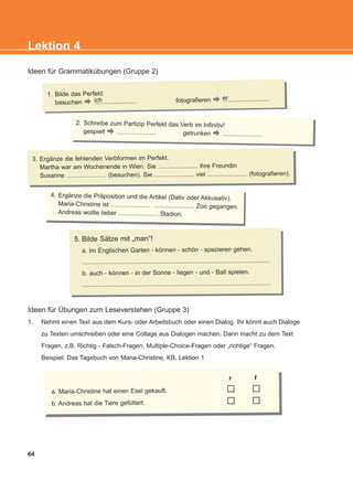 Ideen für Übungen zum Leseverstehen (Gruppe 3)
1. Nehmt einen Text aus dem Kurs- oder Arbeitsbuch oder einen Dialog. Ihr könnt auch Dialoge
zu Texten umschreiben oder eine Collage aus Dialogen machen. Dann macht zu dem Text
Fragen, z.B. Richtig - Falsch-Fragen, Multiple-Choice-Fragen oder „richtige“ Fragen.
Beispiel: Das Tagebuch von Maria-Christine, KB, Lektion 1
64
Lektion 4
Ideen für Grammatikübungen (Gruppe 2)
2. Schreibe zum Partizip Perfekt das Verb im Infinitiv!
gespielt ....................... getrunken .......................
4. Ergänze die Präposition und die Artikel (Dativ oder Akkusativ).
Maria-Christine ist ....................... ....................... Zoo gegangen.
Andreas wollte lieber ....................... Stadion.
r f
a. Maria-Christine hat einen Esel gekauft.
b. Andreas hat die Tiere gefüttert.
1. Bilde das Perfekt:
besuchen ......................... fotografieren ...........................
3. Ergänze die fehlenden Verbformen im Perfekt.
Martha war am Wochenende in Wien. Sie ....................... ihre Freundin
Susanne ....................... (besuchen). Sie ....................... viel ....................... (fotografieren).
5. Bilde Sätze mit „man“!
a. Im Englischen Garten - können - schön - spazieren gehen.
............................................................................................................
b. auch - können - in der Sonne - liegen - und - Ball spielen.
............................................................................................................
erich
KEFALAIO6_KB_L4_NEW.qxd 26/4/2016 6:37 μμ Page 64
 