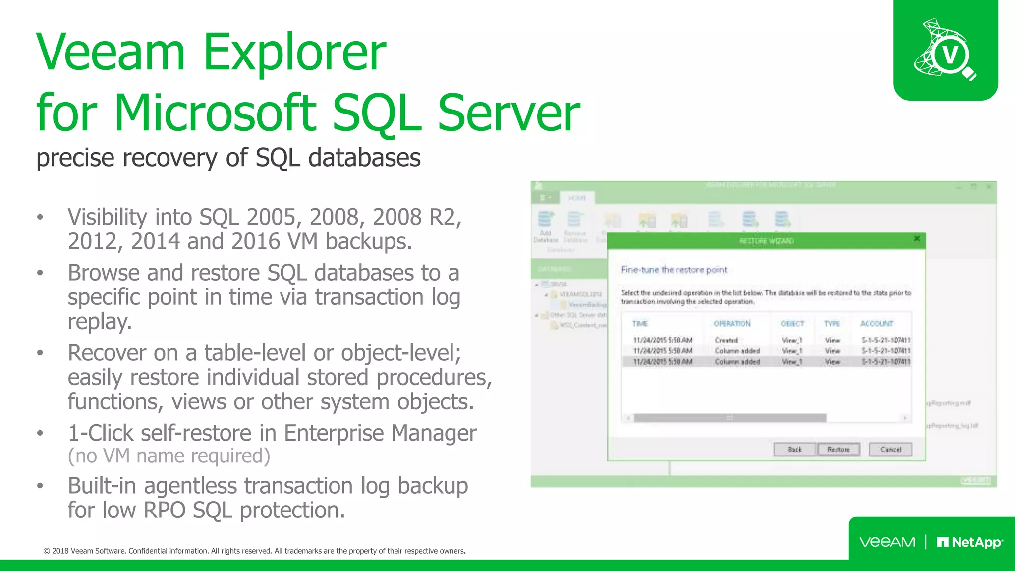 Veeam Explorer
for Microsoft SQL Server
precise recovery of SQL databases
• Visibility into SQL 2005, 2008, 2008 R2,
2012, 2014 and 2016 VM backups.
• Browse and restore SQL databases to a
specific point in time via transaction log
replay.
• Recover on a table-level or object-level;
easily restore individual stored procedures,
functions, views or other system objects.
• 1-Click self-restore in Enterprise Manager
(no VM name required)
• Built-in agentless transaction log backup
for low RPO SQL protection.
 