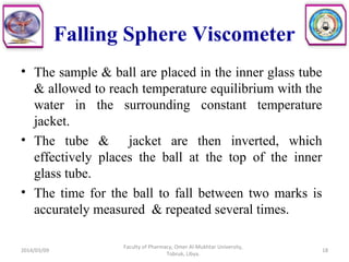 Falling Sphere Viscometer
• The sample & ball are placed in the inner glass tube
& allowed to reach temperature equilibrium with the
water in the surrounding constant temperature
jacket.
• The tube & jacket are then inverted, which
effectively places the ball at the top of the inner
glass tube.
• The time for the ball to fall between two marks is
accurately measured & repeated several times.
2014/03/09 18
Faculty of Pharmacy, Omer Al-Mukhtar University,
Tobruk, Libya.
 