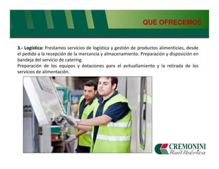 QUÉ OFRECEMOS


3.- Logística: Prestamos servicios de logística y gestión de productos alimenticios, desde
el pedido a la recepción de la mercancía y almacenamiento. Preparación y disposición en
bandeja del servicio de catering.
Preparación de los equipos y dotaciones para el avituallamiento y la retirada de los
servicios de alimentación.
 
