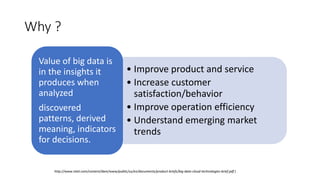 Why ?
• Improve product and service
• Increase customer
satisfaction/behavior
• Improve operation efficiency
• Understand emerging market
trends
Value of big data is
in the insights it
produces when
analyzed
discovered
patterns, derived
meaning, indicators
for decisions.
http://www.intel.com/content/dam/www/public/us/en/documents/product-briefs/big-data-cloud-technologies-brief.pdf )
 