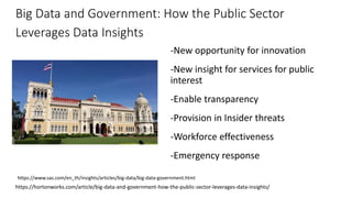 Big Data and Government: How the Public Sector
Leverages Data Insights
-New opportunity for innovation
-New insight for services for public
interest
-Enable transparency
-Provision in Insider threats
-Workforce effectiveness
-Emergency response
https://hortonworks.com/article/big-data-and-government-how-the-public-sector-leverages-data-insights/
https://www.sas.com/en_th/insights/articles/big-data/big-data-government.html
 