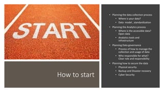 How to start
• Planning the data collection process
• Where is your data?
• Data model , standardization
• Planning the Analytics process
• Where is the accessible data?
Open data
• Analytics tools and
infrastructure
• Planning Data governance
• Process of how to manage the
collection and usage of data
• Who responsible for what?
Clear role and responsibility
• Planning how to secure the data
• Physical security
• Backup and Disaster recovery
• Cyber Security
 