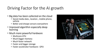 Driving Factor for the AI growth
• Big data has been collected on the cloud
• Social media data , location , mobile phone,
vehicle
• Better and cheape sensors everywhere
• Improved algorithm especially deep
learning
• Much more powerful hardware
• Multicore-CPU
• Much bigger memory
• Much faster network
• Faster and bigger storage
• Faster accelerator hardware : GPU
 