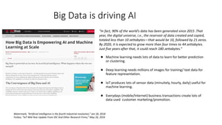 Big Data is driving AI
● Machine learning needs lots of data to learn for better prediction
or clustering.
● Deep learning needs millions of images for training/ text data for
feature representation.
● IoT produces lots of sensor data (minuitely, hourly, daily) useful for
machine learning.
● Everydays (mobile/Internet) business transactions create lots of
data used customer marketing/promotion.
“In fact, 90% of the world’s data has been generated since 2015 .That
year, the digital universe, i.e., the reservoir of data created and copied,
totaled less than 10 zettabytes—that would be 10, followed by 21 zeros.
By 2020, it is expected to grow more than four times to 44 zettabytes.
Just five years after that, it could reach 180 zettabytes.”
Watermark, “Artificial intelligence is the fourth industrial revolution,” Jan 18, 2018
Forbes, “IoT Mid-Year Update From IDC And Other Research Firms,” May 16, 2016
 